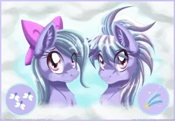 Size: 1024x707 | Tagged: safe, artist:inuhoshi-to-darkpen, derpibooru import, cloudchaser, flitter, pegasus, pony, bow, bust, cheek fluff, chest fluff, cutie mark, duo, ear fluff, female, fluffy, hair bow, looking at you, mare, portrait, sisters, smiling