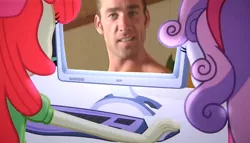 Size: 1256x720 | Tagged: suggestive, derpibooru import, apple bloom, sweetie belle, human, equestria girls, billy herrington, computer, gachimuchi, irl, irl human, meme, obligatory pony, photo, the crusaders browse the internet, this will end in tears