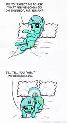 Size: 500x904 | Tagged: and then sex happened, artist:el-yeguero, bed, comic, hand, humie, imminent sex, lyra heartstrings, pomf, raised tail, solo, subverted meme, suggestive, that pony sure does love hands, what are we gonna do on the bed?