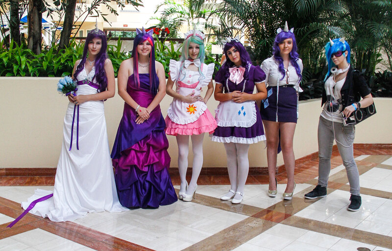 Size: 3744x2400 | Tagged: anime festival orlando, artist:catclass, artist:konichiroichi, artist:norikat, artist:skywardelf, belt, bouquet, clothes, convention, cosplay, derpibooru import, dress, glasses, group photo, high heels, human, irl, irl human, maid, mary janes, measuring tape, pantyhose, photo, princess celestia, rarity, safe, shoes, skirt, tiara, tube skirt, twilight sparkle, vinyl scratch