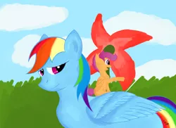 Size: 2000x1455 | Tagged: safe, artist:eccentric bloodstone, derpibooru import, rainbow dash, scootaloo, flower