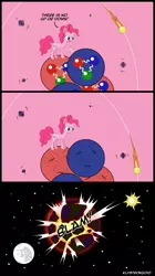 Size: 1740x3100 | Tagged: artist:klystron2010, atom, comics, deconfinement, derpibooru import, earth shattering kaboom, electron, frown, glare, gluon, helium, molecule, moon, neutron, nucleus, open mouth, pinkie being pinkie, pinkie physics, pinkie pie, planet, pointing, proton, pun, quark, raised hoof, safe, science, sun, wat, wide eyes