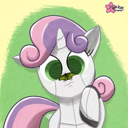 Size: 1501x1497 | Tagged: safe, artist:clouddg, derpibooru import, sweetie belle, butterfly, pony, robot, robot pony, unicorn, cute, diasweetes, female, filly, foal, hooves, horn, insect on nose, lying down, on back, solo, sweetie bot