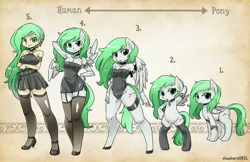 Size: 3200x2070 | Tagged: source needed, suggestive, artist:shepherd0821, derpibooru import, oc, oc:sumica, unofficial characters only, anthro, human, pony, unguligrade anthro, anthro chart, anthro with ponies, arm boob squeeze, arm under breasts, armpits, bipedal, breasts, choker, cleavage, clothes, dress, female, garters, high heels, humanized, latex, line-up, stockings, tattoo