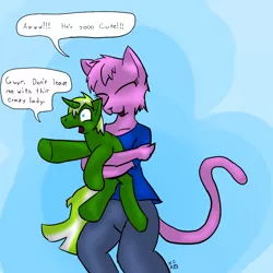 Size: 1000x1000 | Tagged: anthro, artist:short circuit, catgirl, derpibooru import, hug, oc, oc:circuit mane, pink, safe, unofficial characters only
