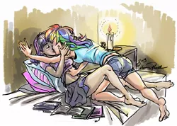 Size: 1264x902 | Tagged: safe, artist:ddhew, derpibooru import, rainbow dash, twilight sparkle, barefoot, bed, book, candle, clothes, eyes closed, feet, female, humanized, kissing, lesbian, pillow, shipping, shirt lift, skirt, twidash