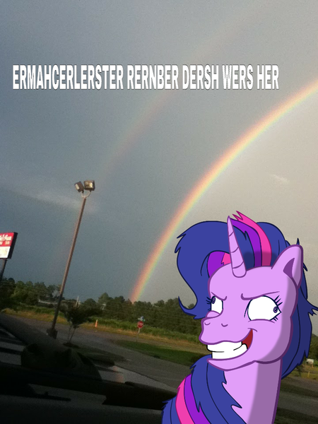 Size: 720x960 | Tagged: safe, artist:colossalstinker, derpibooru import, twilight sparkle, pony, derp, double rainbow, ermahgerd, g3, g4 to g3, generation leap, image macro, outdoors, solo, twilight snapple