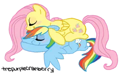 Size: 616x363 | Tagged: safe, artist:thepurplecranberry, derpibooru import, fluttershy, rainbow dash, cuddling, female, flutterdash, lesbian, shipping, sleeping, snuggling