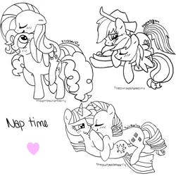 Size: 900x900 | Tagged: safe, artist:thepurplecranberry, derpibooru import, applejack, fluttershy, pinkie pie, rainbow dash, rarity, twilight sparkle, appledash, blushing, female, flutterpie, heart, lesbian, monochrome, rarilight, shipping