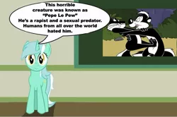 Size: 887x589 | Tagged: safe, derpibooru import, lyra heartstrings, cat, pony, skunk, unicorn, chalkboard, human studies101 with lyra, interspecies, looney tunes, meme, penelope pussycat, pepe le pew, rapist