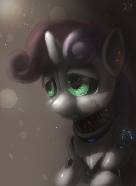 Size: 1058x1452 | Tagged: safe, artist:raikoh, derpibooru import, sweetie belle, pony, robot, robot pony, unicorn, female, filly, foal, glow, horn, sad, solo, sweetie bot