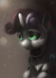 Size: 1058x1452 | Tagged: safe, artist:raikoh, derpibooru import, sweetie belle, pony, robot, robot pony, unicorn, female, filly, foal, glow, horn, sad, solo, sweetie bot