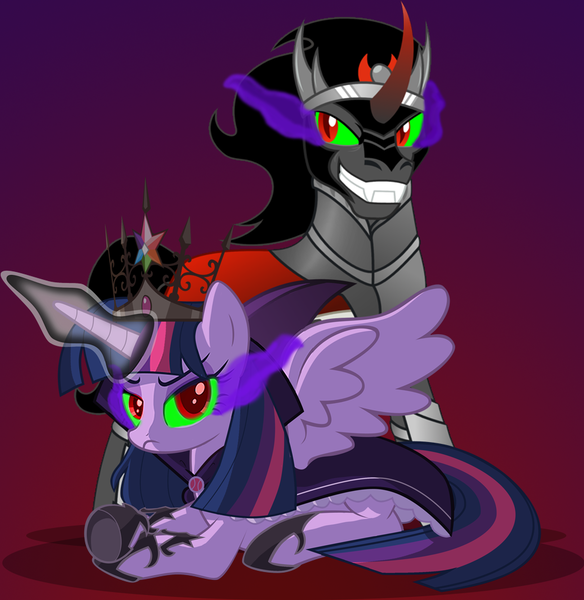 Size: 957x984 | Tagged: artist needed, safe, derpibooru import, king sombra, twilight sparkle, twilight sparkle (alicorn), alicorn, pony, corrupted, corrupted twilight sparkle, dark magic, female, magic, mare, queen twilight, sombra eyes, tyrant sparkle