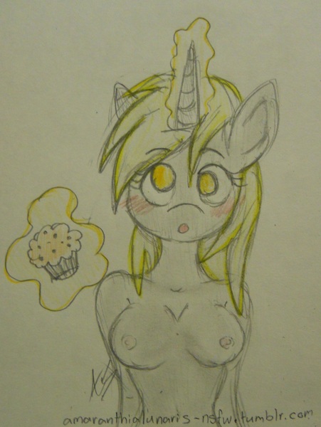 Size: 1280x1704 | Tagged: questionable, artist:amaranthialunaris, derpibooru import, derpy hooves, anthro, unicorn, 30 minute art challenge, breasts, female, nipples, nudity, race swap, solo, solo female