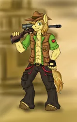 Size: 1670x2618 | Tagged: suggestive, artist:flameydragwasp, derpibooru import, braeburn, anthro, earth pony, bare chest, clothes, colored hooves, gloves, gun, hat, hooves, male, optical sight, rifle, sniper, sniper rifle, solo, solo male, stars, team fortress 2, topless, weapon