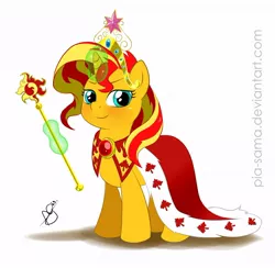 Size: 700x683 | Tagged: safe, artist:pia-sama, derpibooru import, sunset shimmer, pony, unicorn, big crown thingy, canada, cape, clothes, element of magic, empress, jewelry, regalia, scepter, solo