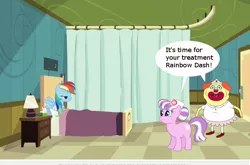 Size: 726x478 | Tagged: adventure time, chat bubble, clown, clown nurse, crossover, derpibooru import, dialogue, implied kissing, nurse sweetheart, rainbow dash, rainbow dash is not amused, safe