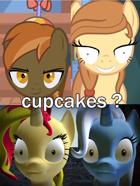 Size: 664x882 | Tagged: safe, derpibooru import, button mash, sunset shimmer, trixie, oc, oc:cream heart, pony, 3d, gmod, mutton bash, rapeface