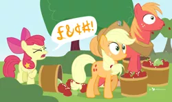 Size: 1000x590 | Tagged: safe, artist:dm29, derpibooru import, apple bloom, applejack, big macintosh, earth pony, pony, apple, apple siblings, censored, censored vulgarity, grawlixes, imminent mouth-soaping, male, stallion, swearing, this will end in tears, this will not end well, trio, vulgar