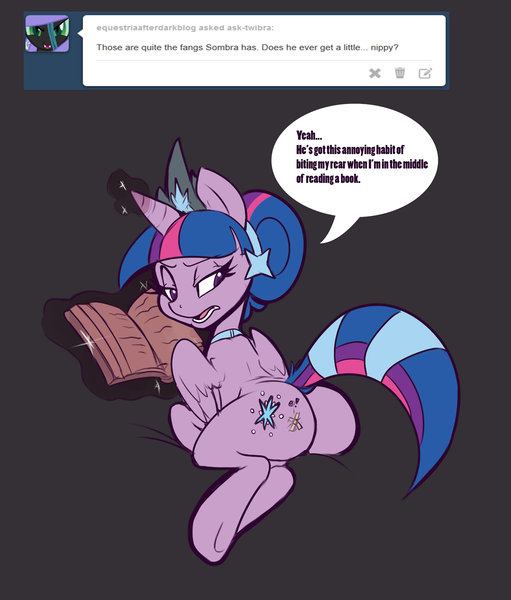 Size: 1280x1502 | Tagged: suggestive, artist:bluntwhiskey, derpibooru import, twilight sparkle, twilight sparkle (alicorn), alicorn, pony, ask twibra, alternate universe, ask-twibra, book, plot, reading, solo, tumblr