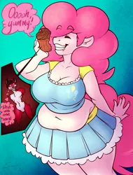 Size: 1373x1806 | Tagged: anthro, artist:sheela, belly button, big breasts, breasts, busty pinkie pie, chubby, cupcake, derpibooru import, fat, female, imminent vore, midriff, muffin top, non-mlp oc, oc, pinkie pie, pudgy pie, sexy, speech bubble, suggestive, unaware