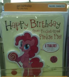 Size: 500x557 | Tagged: safe, derpibooru import, pinkie pie, pony, bipedal, birthday, birthday card, card, hallmark, happy birthday, irl, lollipop, merchandise, photo, solo, speech bubble, text