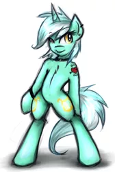 Size: 741x1100 | Tagged: safe, artist:kairaanix, derpibooru import, lyra heartstrings, pony, unicorn, bipedal, ear piercing, piercing, solo, tattoo