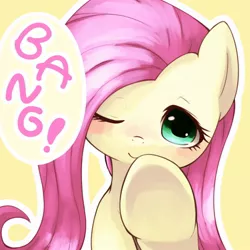 Size: 800x800 | Tagged: safe, artist:pukapukapu, derpibooru import, fluttershy, pony, bang, blushing, cowboy bebop, cute, female, fourth wall, looking at you, one eye closed, screen, shyabetes, smiling, solo