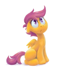 Size: 1000x1237 | Tagged: safe, artist:kaermter, derpibooru import, scootaloo, pegasus, pony, blank flank, female, filly, floppy ears, foal, hooves, lineless, simple background, sitting, solo, spread wings, transparent background, wings