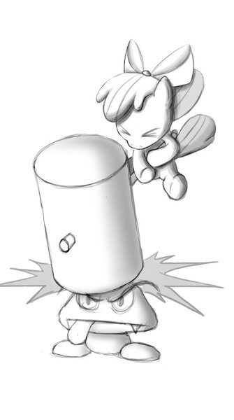 Size: 600x1075 | Tagged: apple bloom, artist:flutterluv, crossover, derpibooru import, goomba, hammer, monochrome, nintendo, safe, super mario bros.