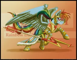 Size: 900x704 | Tagged: armor, artist:inuhoshi-to-darkpen, derpibooru import, element of loyalty, magical girl lyrical nanoha, rainbow dash, safe, solo, staff