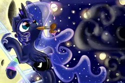 Size: 6000x4000 | Tagged: safe, artist:carligercarl, derpibooru import, princess luna, alicorn, pony, ladder, moon, mouth hold, night, paint, paintbrush, solo, space, stars, tangible heavenly object, working