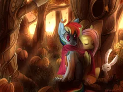 Size: 2000x1500 | Tagged: safe, artist:terrac0tta, derpibooru import, angel bunny, fluttershy, rainbow dash, rabbit, autumn, clothes, crepuscular rays, female, flutterdash, forest, lesbian, pumpkin, scarf, shared clothing, shared scarf, shipping, tree