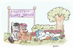 Size: 2346x1559 | Tagged: safe, artist:bobthedalek, derpibooru import, octavia melody, vinyl scratch, oc, earth pony, pony, unicorn, alcohol, backwards cutie mark, contest, female, flower, sleeping