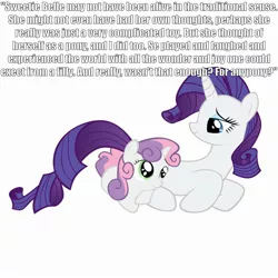 Size: 2236x2236 | Tagged: safe, derpibooru import, rarity, sweetie belle, pony, robot, robot pony, unicorn, fanfic, cuddling, cute, diasweetes, female, filly, foal, hooves, horn, image macro, lying down, mare, sisters, smiling, snuggling, sweetie bot, text