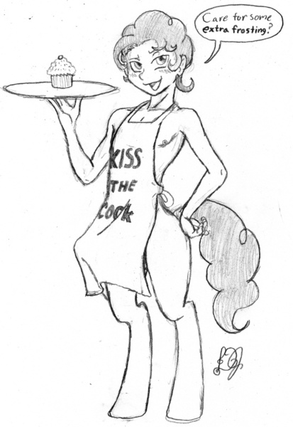 Size: 550x800 | Tagged: apron, apron boner, artist:dj-black-n-white, bubble berry, clothes, crotch bulge, derpibooru import, erection, kiss the cook, male, monochrome, oc, oc:pogo, parent:pinkie pie, questionable, satyr, solo, solo male, unofficial characters only