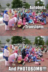 Size: 639x960 | Tagged: artist:0the0midget0, artist:thighhighs, bronycon, caption, cosplay, crossover, derpibooru import, derpy hooves, firefly, flam, flim, fluttershy, group photo, human, irl, irl human, optimus prime, photo, photobomb, pinkie pie, princess celestia, princess luna, rainbow dash, rarity, safe, source needed, sweetie belle, sweetie bot, transformers, twilight sparkle, zecora