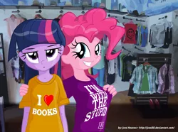 Size: 1772x1321 | Tagged: safe, artist:jcosneverexisted, derpibooru import, pinkie pie, twilight sparkle, equestria girls, clothes, graphic tee, shirt