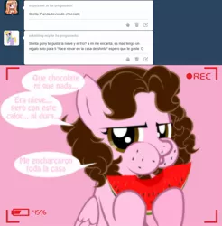 Size: 1236x1257 | Tagged: artist:shinta-girl, ask, derpibooru import, eating, oc, oc:shinta pony, safe, solo, spanish, translated in the description, tumblr, unofficial characters only, watermelon