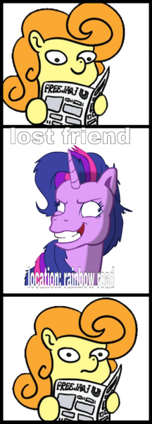 Size: 520x1442 | Tagged: safe, artist:colossalstinker, artist:muffinexplosion, derpibooru import, carrot top, golden harvest, twilight sparkle, pony, derp, exploitable meme, female, lost, meme, newspaper meme, twilight snapple