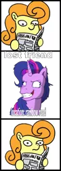 Size: 520x1442 | Tagged: safe, artist:colossalstinker, artist:muffinexplosion, derpibooru import, carrot top, golden harvest, twilight sparkle, pony, derp, exploitable meme, female, lost, meme, newspaper meme, twilight snapple