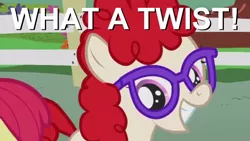 Size: 640x360 | Tagged: safe, derpibooru import, twist, earth pony, pony, female, filly, glasses, grin, image macro, looking at you, pun, reaction image, smiling, solo, solo focus, what a twist