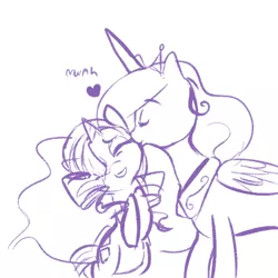 Size: 700x700 | Tagged: safe, artist:mt, derpibooru import, princess celestia, rarity, alicorn, pony, unicorn, bipedal, cute, eyes closed, female, grin, happy, heart, kiss on the cheek, kissing, lesbian, mare, monochrome, raribetes, rarilestia, shipping, simple background, sketch, smiling, white background