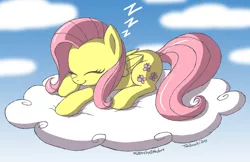 Size: 1000x646 | Tagged: safe, artist:tobibrocki, derpibooru import, fluttershy, pegasus, pony, :t, cloud, cloudy, cute, eyes closed, female, mare, prone, shyabetes, signature, sky, sleeping, smiling, solo, zzz
