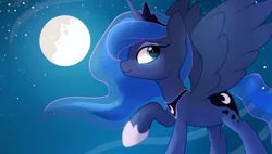 Size: 1600x909 | Tagged: safe, artist:locksto, derpibooru import, princess luna, moon, night, raised hoof, solo