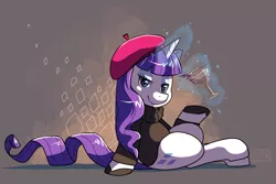 Size: 1562x1043 | Tagged: artist:sharmie, beatnik rarity, beret, clothes, derpibooru import, glass, hat, magic, rarity, safe, solo, sweater, wine