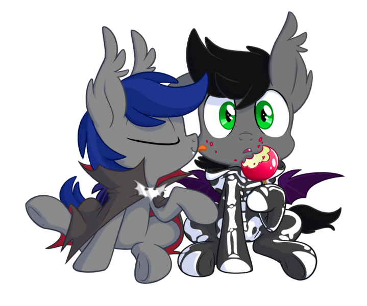 Size: 2000x1668 | Tagged: safe, artist:equestria-prevails, derpibooru import, oc, oc:aux, oc:hekesuh, unofficial characters only, bat pony, pony, apple, clothes, colt, costume, cute, dracula, gay, licking, male, nightmare night costume, shipping, simple background, skeleton costume, transparent background, trap, younger