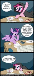 Size: 800x1776 | Tagged: safe, artist:whatsapokemon, derpibooru import, pinkie pie, twilight sparkle, twilight sparkle (alicorn), alicorn, pony, accounting, book, calculator, cloak, clothes, comic, dungeons and dragons, female, hoof on chin, horse taxes, magic missile, mare, pencil, slice of life, spread wings, tabletop game, tax evasion, taxes, wings