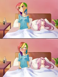 Size: 729x960 | Tagged: suggestive, artist:maroonriver, derpibooru import, fluttershy, rainbow dash, alcohol, bed, blushing, bra strap, clothes, comic, female, flutterdash, humanized, implied sex, lesbian, morning after, morning ponies, off shoulder, oh crap, shipping, shoulder shirt, whiskey