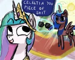 Size: 500x400 | Tagged: artist:talludde, ask the princess of night, derpibooru import, princess celestia, princess luna, safe, sunburn, sunglasses, tan, tumblr, vulgar